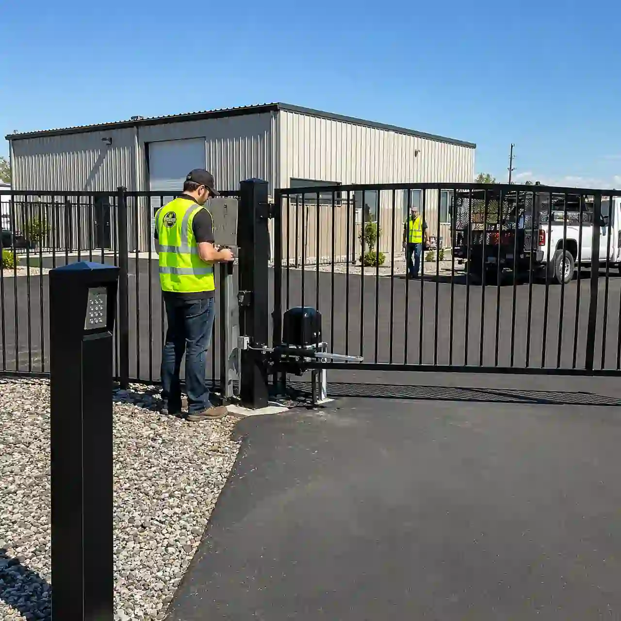 Keypad swing gate installed at a Burley business