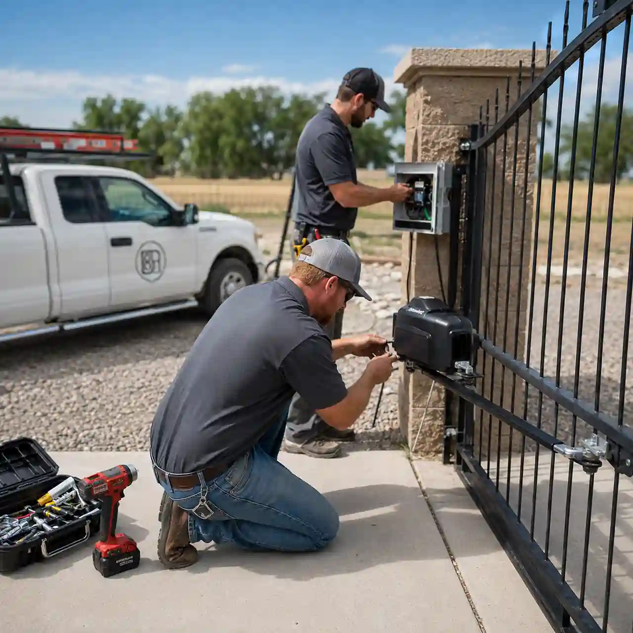 Burley Idaho Fence Pros crew installing an automated gate near Burley