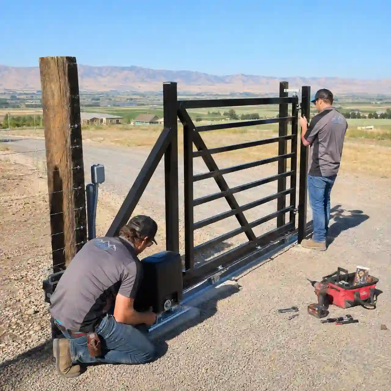 Burley Idaho Fence Pros crew installing an automated gate near Burley