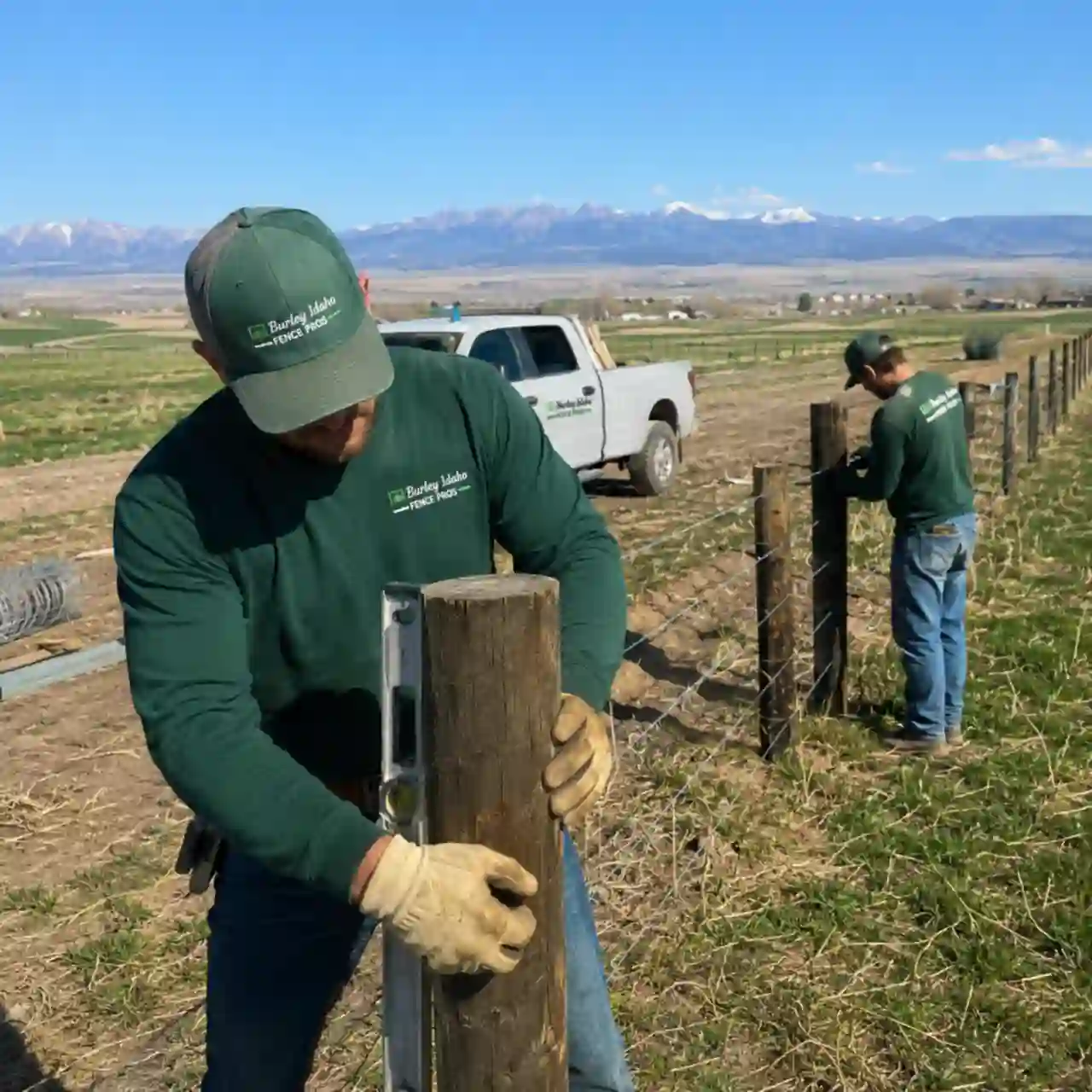 Burley Idaho Fence Pros crew leveling a fence post on a ranch property near Burley, Idaho