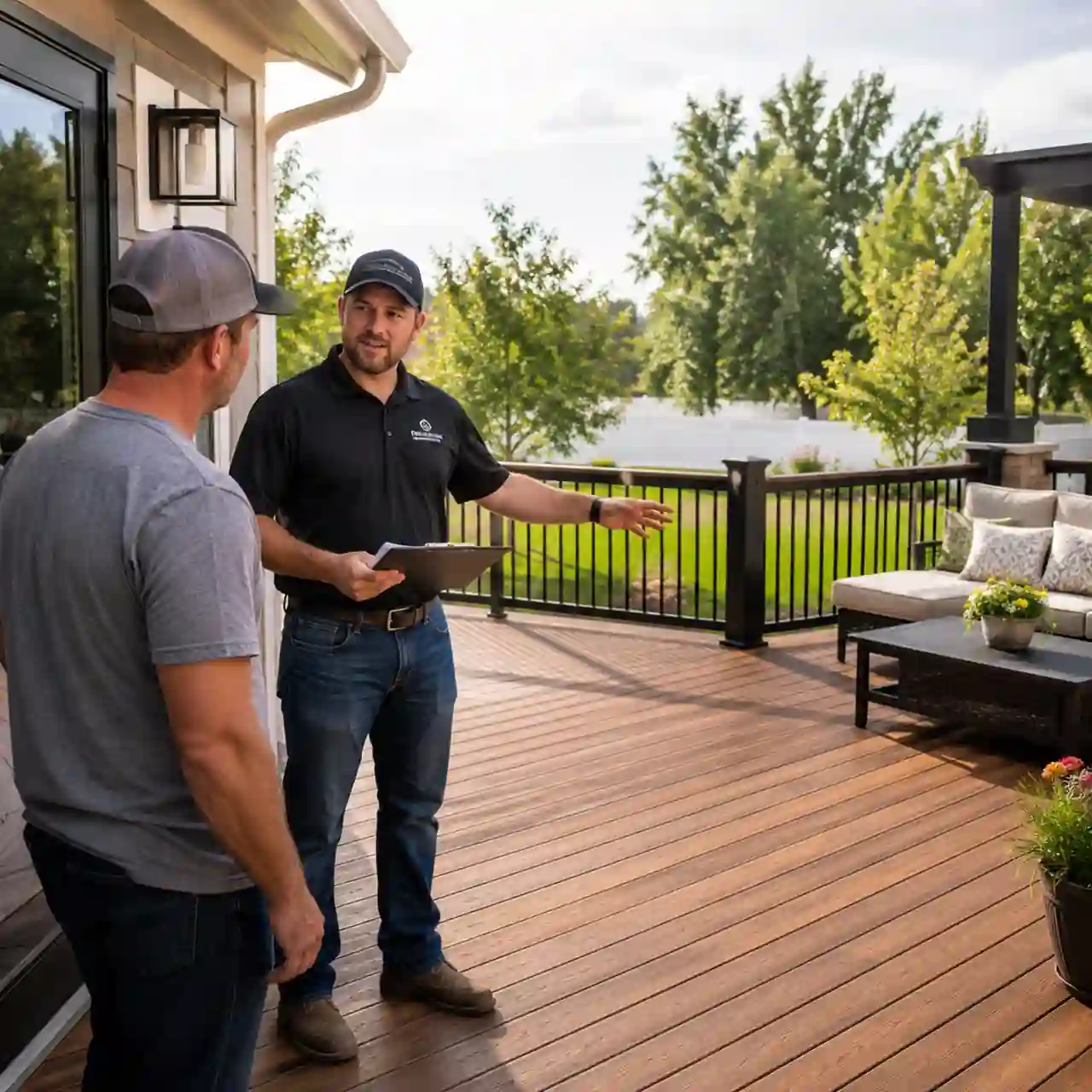 Burley Idaho Fence Pros crew consulting on a custom deck project near Burley