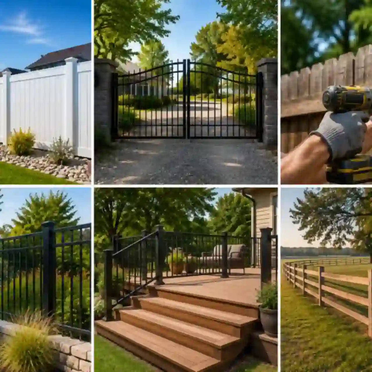 Collage of completed fencing, gate, and deck projects by Burley Idaho Fence Pros