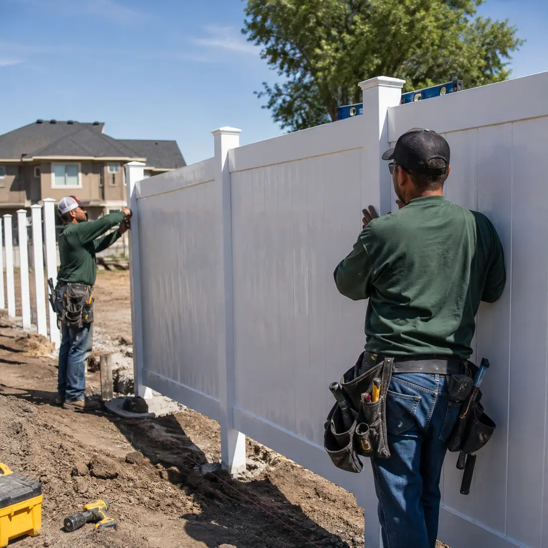 Burley Idaho Fence Pros crew installing a white vinyl privacy fence in a Burley neighborhood