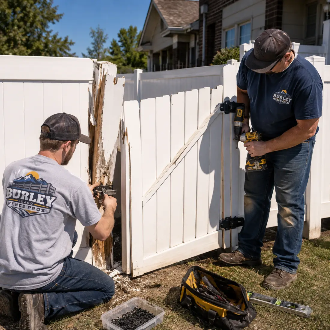 Burley Idaho Fence Pros crew repairing a vinyl fence gate