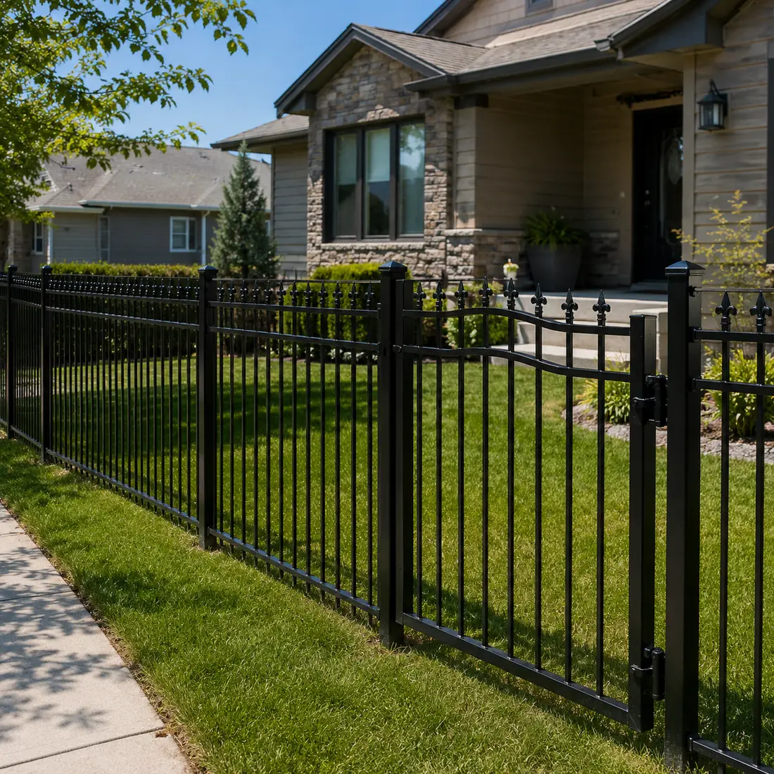 Ornamental black iron fence installed on a Burley property