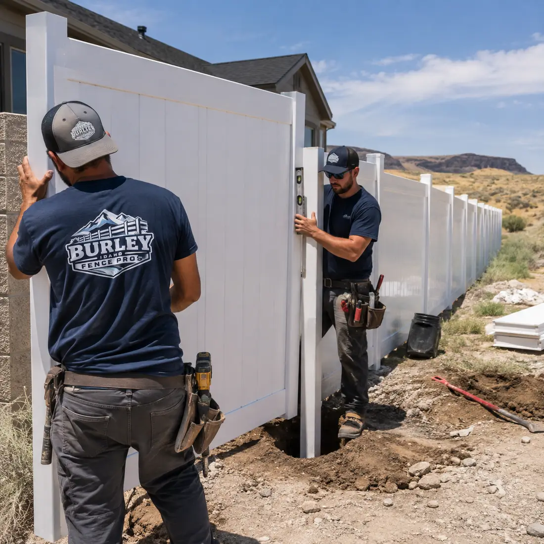 Burley Idaho Fence Pros crew installing a tall vinyl privacy fence