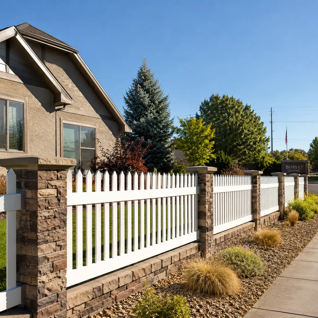 White picket fence with stone pillars along a Burley property