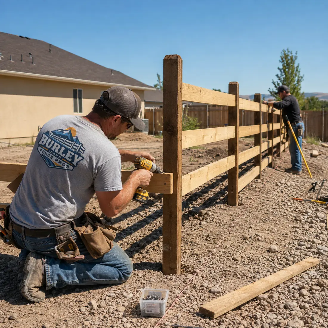 Burley Idaho Fence Pros crew building a wood rail fence near Burley