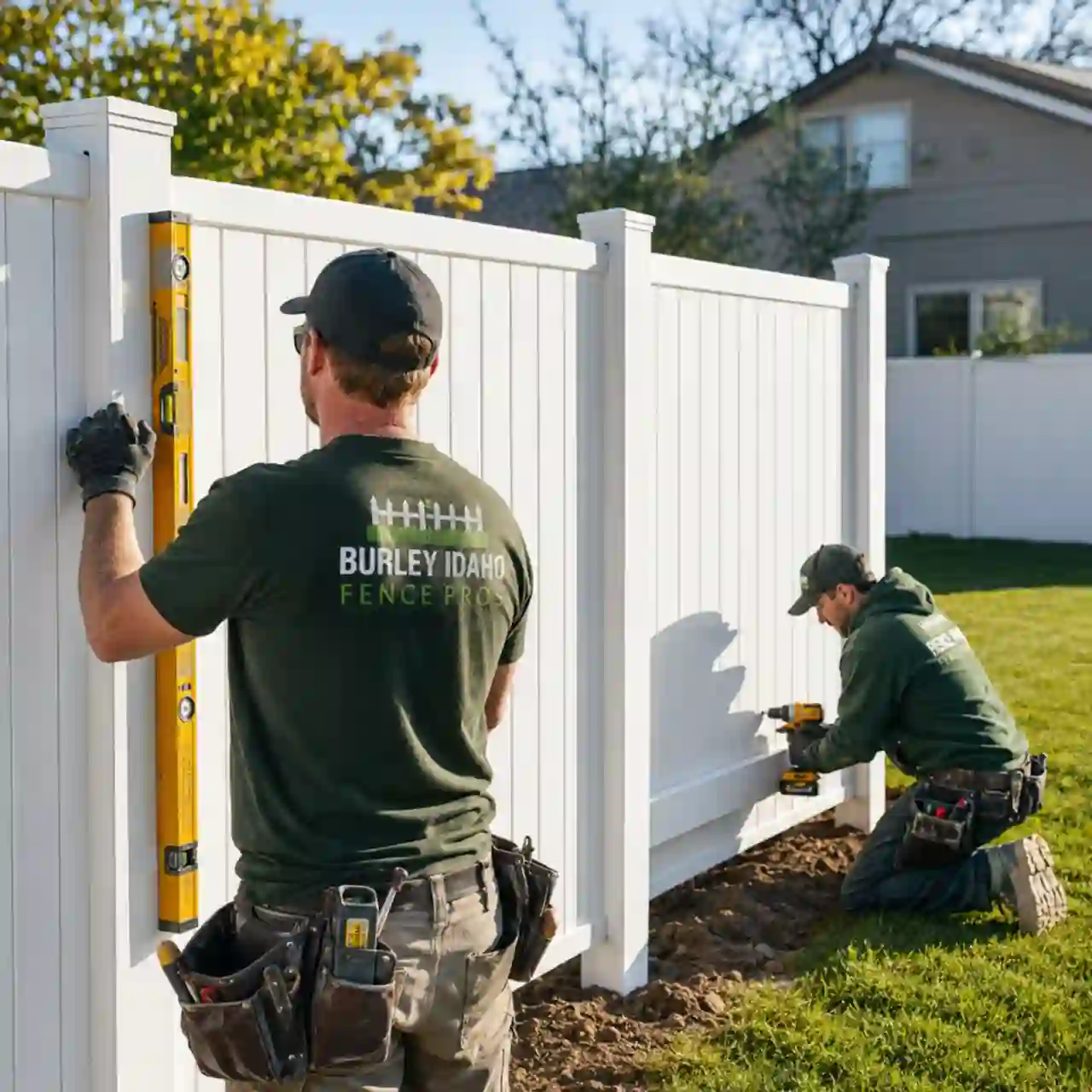 Burley Idaho Fence Pros crew installing a white vinyl privacy fence